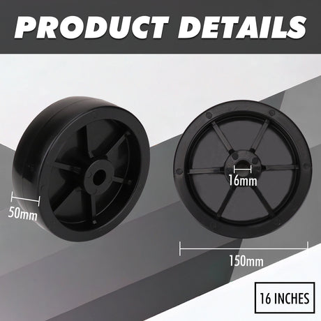 Heavy-duty 16-inch nylon caster wheel with 150mm diameter, 50mm width and 16mm bore, designed for trolleys, carts, warehouse equipment and heavy-load applications