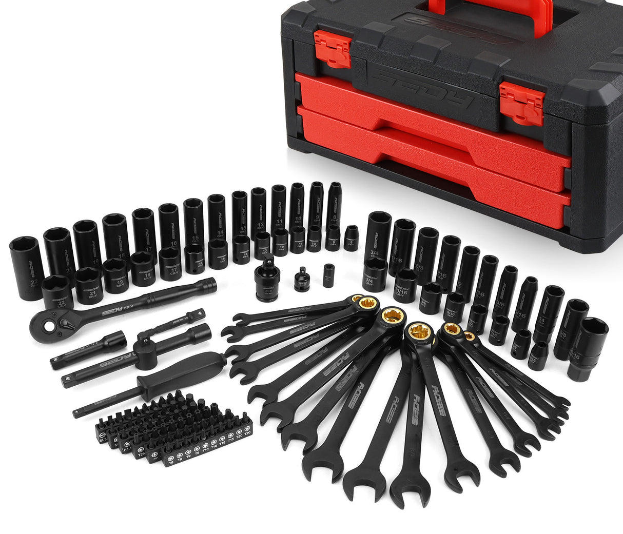 SEDY 132-piece mechanics tool set with sockets, wrenches and portable 2-drawer toolbox