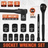12-Piece 3/8 Inch Drive Ratchet Socket Wrench Set with Metric Sockets 8mm-18mm, 72 Tooth Quick Release Ratchet and 6 Inch Extension Bar