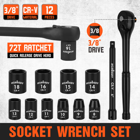 12-Piece 3/8 Inch Drive Ratchet Socket Wrench Set with Metric Sockets 8mm-18mm, 72 Tooth Quick Release Ratchet and 6 Inch Extension Bar