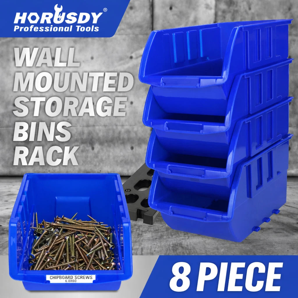 Robust Wall Mounted Bins Rack featuring 8 orange stackable plastic storage trays and 3 plastic racking, ideal for organizing small parts, tools, fishing tackle, and craft supplies. Designed to mount easily on pegboard, slot wall, or wooden studs, offering a versatile and space-saving solution for any workshop, garage, or hobby room
