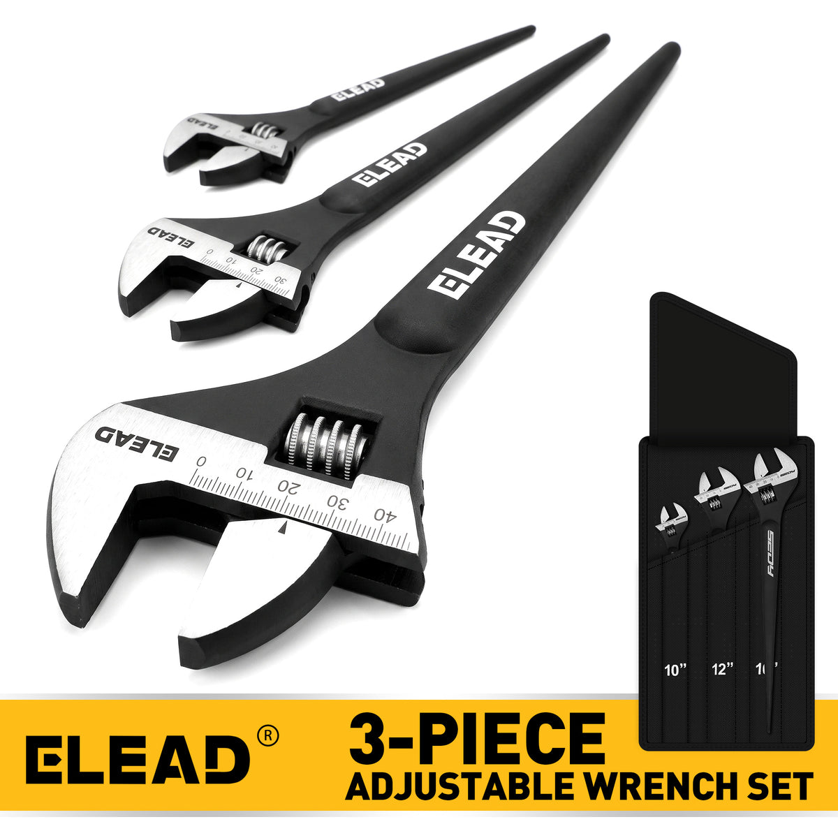 3-piece adjustable spud wrench set with 10, 12 and 16 inch CR-V steel wrenches, tapered pry bar handles and SAE metric scales