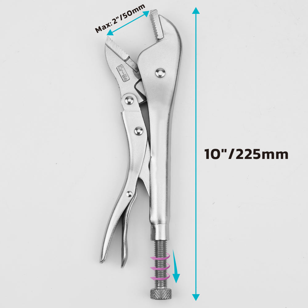 straight jaw locking pliers available in 7-inch and 10-inch sizes with adjustable tension screw, quick-release trigger and Cr-Mo steel jaws