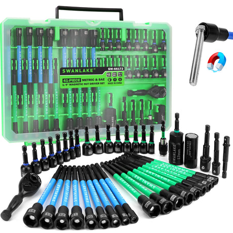 41-piece magnetic nut driver set with SAE and metric nut setters, 1/4 inch dual ratchet handle, universal socket, wing nut driver, bit holder and socket adapters