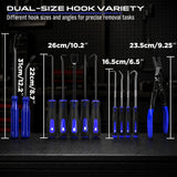 17-piece automotive trim removal and pick tool set with blue nylon pry tools, heat-treated steel hooks, clip removal pliers, ergonomic handles, roll-up pouch and extendable LED magnetic pickup tool for car panels, clips, seals, O-rings and small metal parts