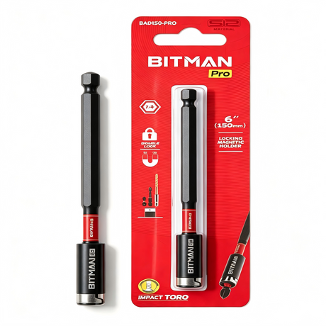 1/4 inch impact magnetic bit holder with quick change hex shank, double locking mechanism, strong magnetic tip and torsion zone, available in 2.5 inch, 3 inch and 6 inch lengths for impact drivers and power drills.
