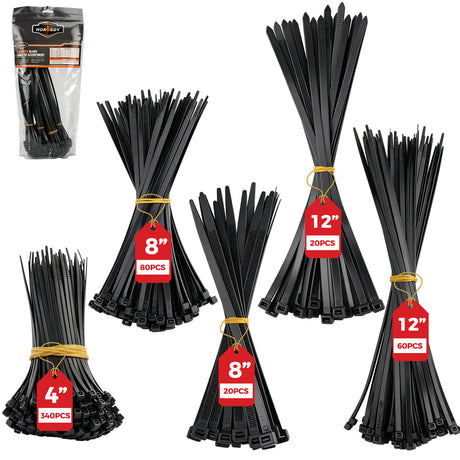 520-piece black nylon cable ties assortment in 4, 8 and 12 inch sizes with self-locking design for wire and cable management