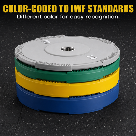 Olympic bumper plates set with low-bounce rubber, steel inserts, textured grip edges and IWF color-coded weight options for barbell training