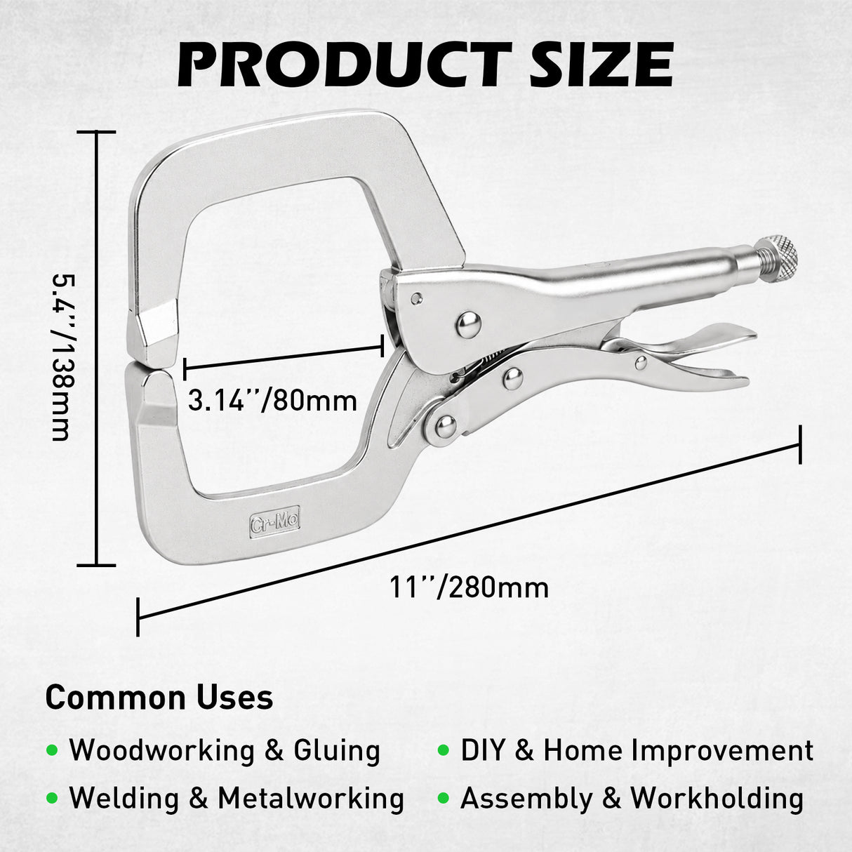 11-inch locking C-clamp pliers with Cr-Mo steel construction, adjustable tension screw and quick-release lever for welding and woodworking.