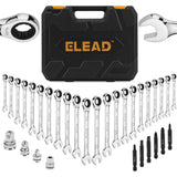 33 piece ratcheting wrench set SAE and metric 72 tooth CR-V combination wrench set with socket adapters bits and storage case