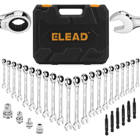 33 piece ratcheting wrench set SAE and metric 72 tooth CR-V combination wrench set with socket adapters bits and storage case