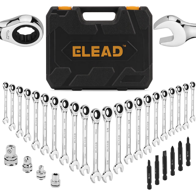 33 piece ratcheting wrench set SAE and metric 72 tooth CR-V combination wrench set with socket adapters bits and storage case