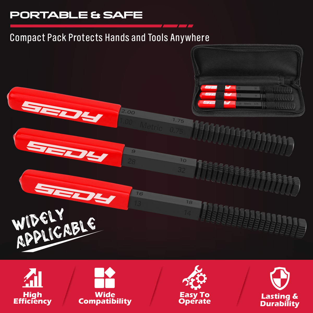 3-piece thread repair file set with metric and inch thread chasers for restoring damaged threads on bolts, studs, screws and pipes