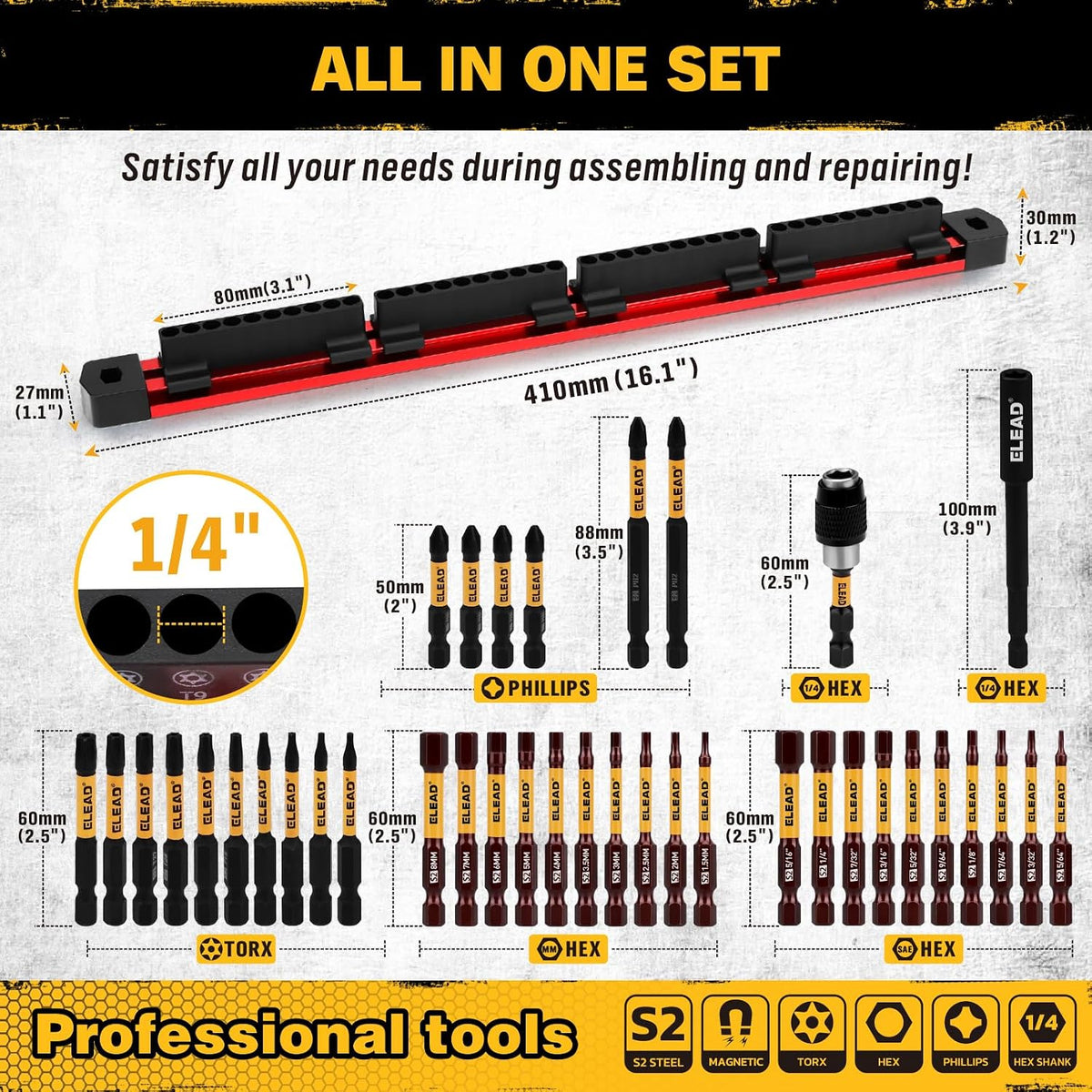 38-piece magnetic screwdriver bit set with S2 steel Torx, SAE and metric hex, Phillips bits, bit holders and magnetic organizer rail