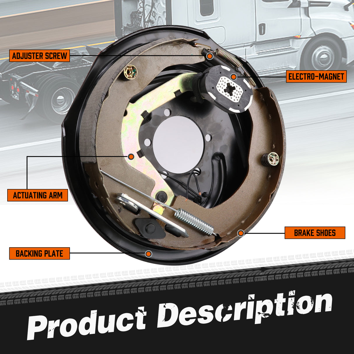 2-piece 12 inch trailer electric brake assembly with backing plate, brake shoes, electro-magnet, hand brake lever, adjuster screw and mounting holes