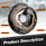 2-piece 12 inch trailer electric brake assembly with backing plate, brake shoes, electro-magnet, hand brake lever, adjuster screw and mounting holes