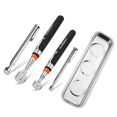 5-piece telescoping magnetic pickup tool set with 1.5 lb, 3 lb, 10 lb and 15 lb magnet tools, pocket clips, padded handles and large stainless steel magnetic parts tray for screws, bolts and auto repair