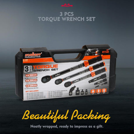 HORUSDY 3-piece click torque wrench set with 1/4, 3/8, and 1/2 inch drives, extensions, and storage case – dual scale design for accurate torque control.
