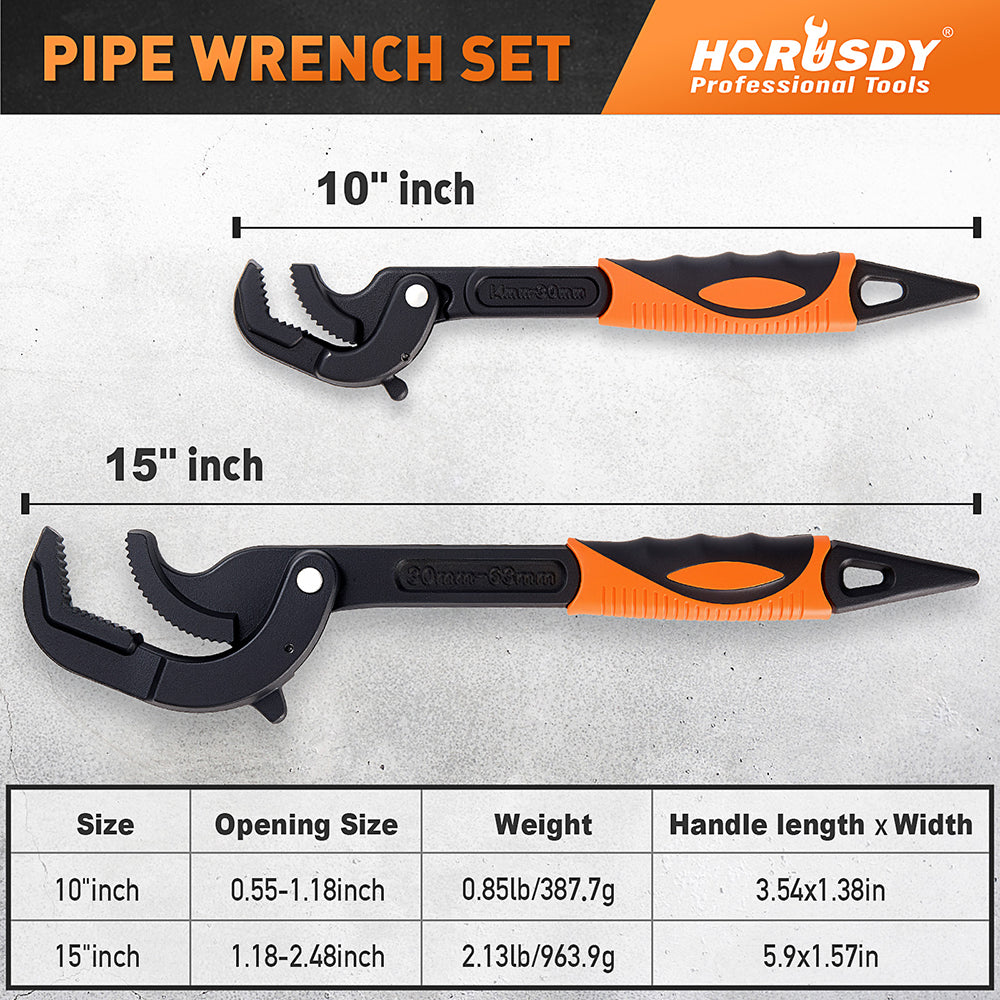 Self-adjusting pipe wrench set with high-carbon steel jaws, non-slip handles and 14–63mm capacity for plumbing, auto repair and home maintenance
