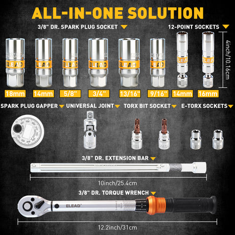 16 piece 3/8 drive spark plug socket set with torque wrench magnetic swivel sockets extension bar and torx bits automotive tool kit