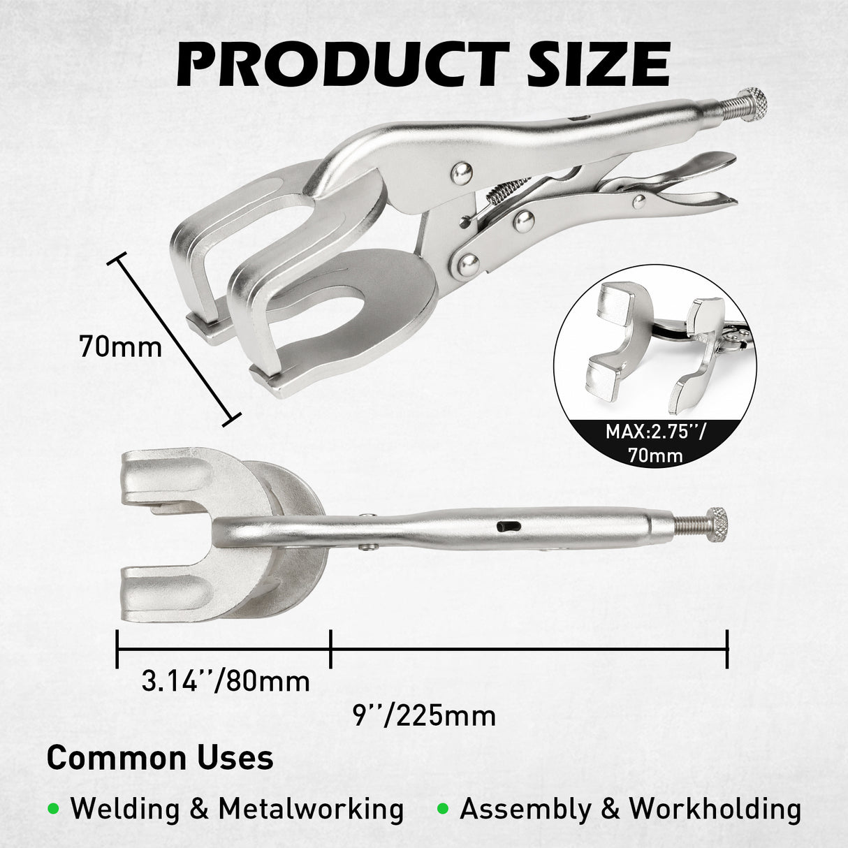 9 inch welding locking pliers with adjustable C-clamp jaws, quick trigger release and 2.75 inch opening for sheet metal, pipe and metalworking