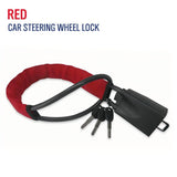car steering wheel lock anti-theft device with flexible locking cable, covered steering wheel loop, keyed lock body and multiple color options including black, orange, blackish orange and red