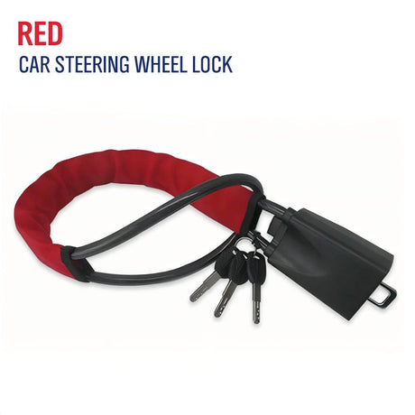 car steering wheel lock anti-theft device with flexible locking cable, covered steering wheel loop, keyed lock body and multiple color options including black, orange, blackish orange and red