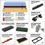 12-piece knife sharpening stone kit with 400/1000 and 3000/8000 grit whetstones, bamboo base, angle guide, honing guide, flattening stone, leather strop, green polishing compound and cut resistant gloves