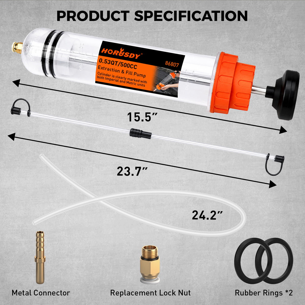 500cc manual fluid extractor and fill pump with transparent graduated cylinder, hand plunger, flexible hose, extension tubes and sealing accessories