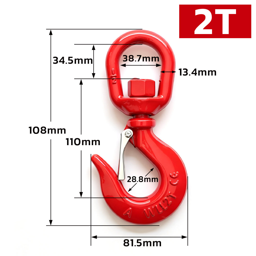 heavy-duty swivel lifting hook with safety latch and red powder-coated finish for rigging, hoisting and material handling