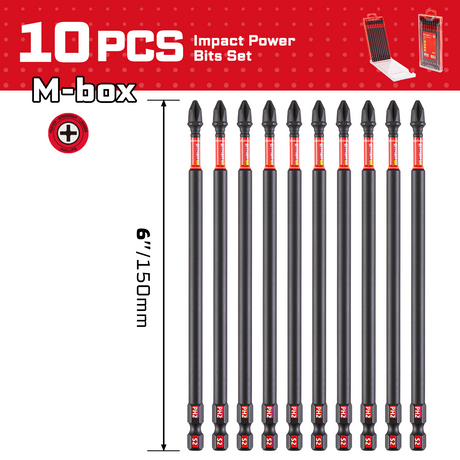 10-piece 6-inch PH2 impact power bit set made from heat-treated S2 alloy steel with magnetic CNC-machined tips, extended torsion zones and a storage case for impact drivers, drills, woodworking and repair tasks.
