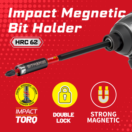 1/4 inch impact magnetic bit holder with quick change hex shank, double locking mechanism, strong magnetic tip and torsion zone, available in 2.5 inch, 3 inch and 6 inch lengths for impact drivers and power drills.