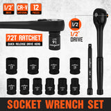 12-Piece 1/2" Drive Ratchet Socket Wrench Set with Metric Sockets 10-19mm, 72T Quick Release Ratchet, and 6" Extension Bar for Car and Garage Repair
