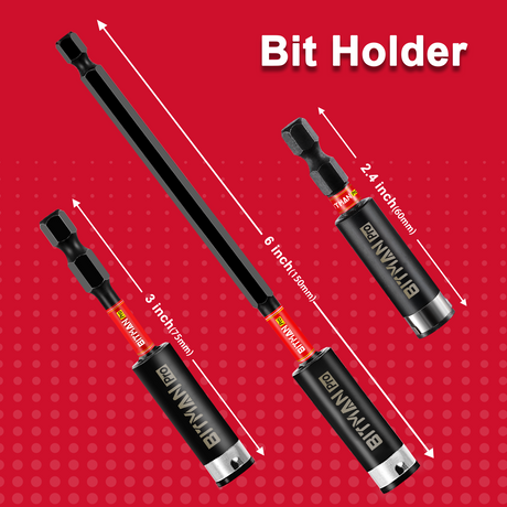 1/4 inch impact magnetic bit holder with quick change hex shank, double locking mechanism, strong magnetic tip and torsion zone, available in 2.5 inch, 3 inch and 6 inch lengths for impact drivers and power drills.