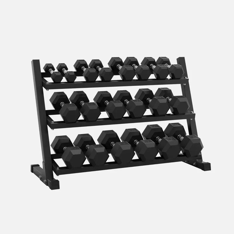 350 lb or 450 lb hex dumbbell set with 3-tier storage rack, anti-roll heads and knurled handles for home gym strength training