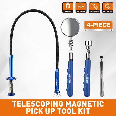 4-piece telescoping magnetic pickup tool kit with inspection mirror, flexible grabber and strong magnets