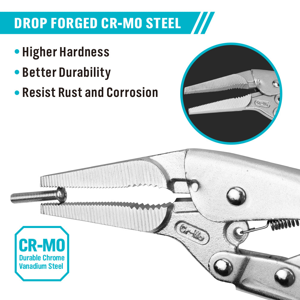 9.5-inch long nose locking pliers made of CR-MO steel with adjustable tension screw, quick release trigger and long narrow jaws