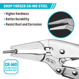 9.5-inch long nose locking pliers made of CR-MO steel with adjustable tension screw, quick release trigger and long narrow jaws