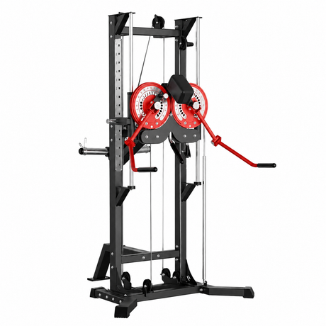 plate loaded lateral raise machine with adjustable arms, headrest, pulley system and steel frame for home gym shoulder training