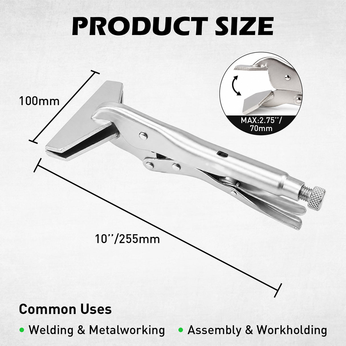 10 inch sheet metal locking pliers with extra wide jaws, adjustable tension screw and trigger release for welding, ductwork and metalworking