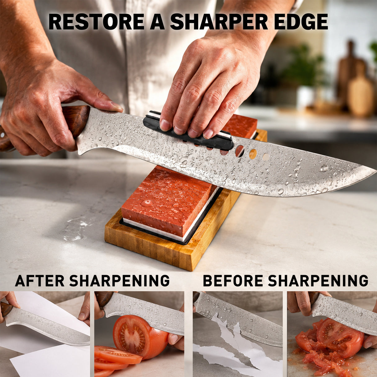 10-piece knife sharpening stone kit with 400/1000 and 3000/8000 grit whetstones, bamboo base, rubber bases, angle guide, Nagura stone, leather strop, cleaning towel and cut resistant gloves