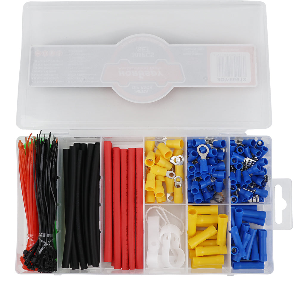 HORUSDY 308PCS electrical wire connector kit with crimp terminals heat shrink tubing cable ties and wire clamps for automotive wiring repair