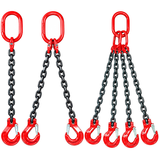 Grade 80 chain sling 1T-5T heavy duty lifting chain with master link and safety hooks, available in 1, 2 and 4 leg configurations for rigging and hoisting