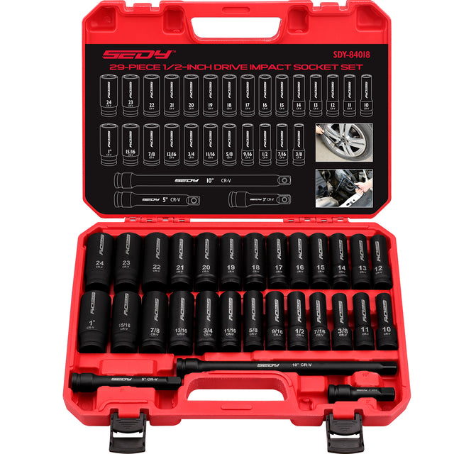 29 piece 1/2 inch drive impact socket set SAE metric deep sockets CRV steel with extension bars heavy duty automotive tool kit