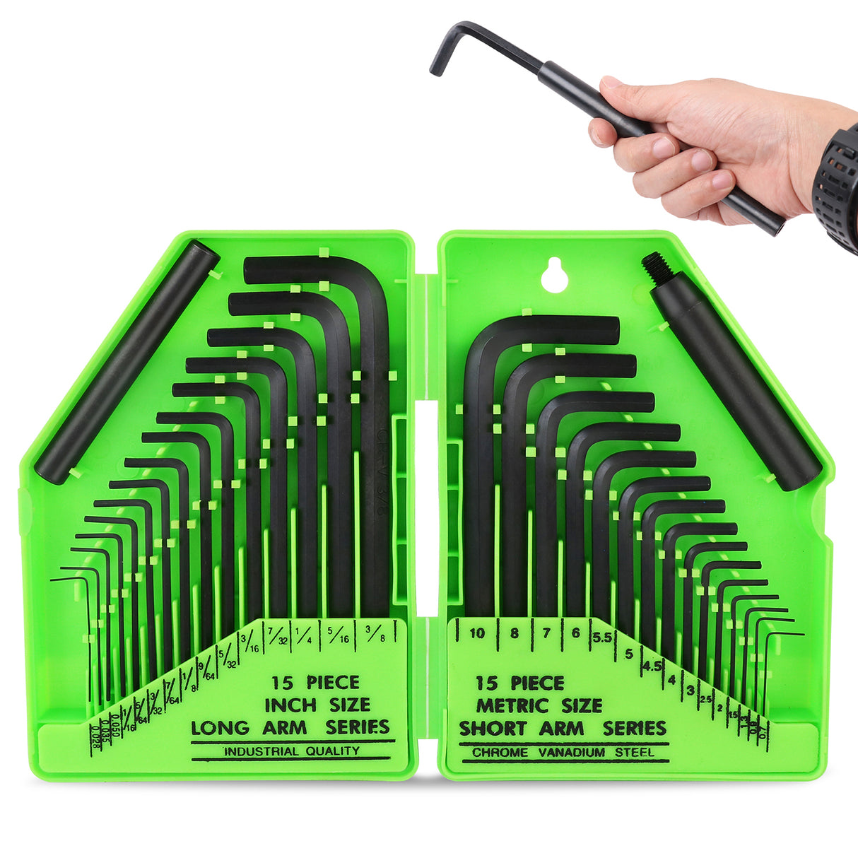 32-piece Allen key hex wrench set with SAE long arm and metric short arm hex keys, CR-V steel construction, extension handles and folding storage case