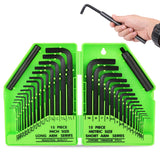 32-piece Allen key hex wrench set with SAE long arm and metric short arm hex keys, CR-V steel construction, extension handles and folding storage case