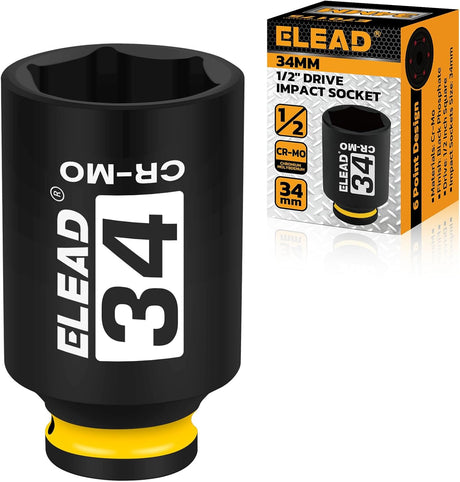 ELEAD CR-MO 1/2-inch drive deep impact socket, heavy duty 6-point axle nut socket for automotive and mechanic use