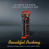 12-Piece 3/8 Inch Drive Ratchet Socket Wrench Set with Metric Sockets 8mm-18mm, 72 Tooth Quick Release Ratchet and 6 Inch Extension Bar