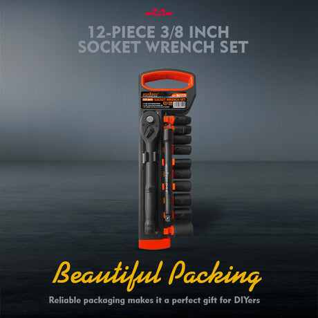 12-Piece 3/8 Inch Drive Ratchet Socket Wrench Set with Metric Sockets 8mm-18mm, 72 Tooth Quick Release Ratchet and 6 Inch Extension Bar
