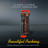 12-Piece 1/4 Inch Drive Ratchet Socket Wrench Set with Metric Sockets 4mm-13mm, 72 Tooth Quick Release Ratchet and 6 Inch Extension Bar